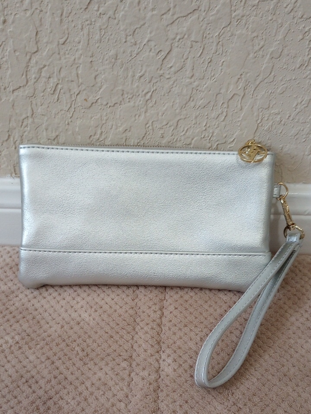 Adrienne Vittadini Metallic Silver Wristlet Clutch with Gold Accents - Picture 2 of 6